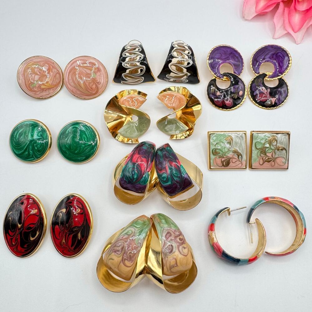 Vintage Swirled Enamel Metal Pierced Stud Earring Lot Costume Jewelry 10 Pair